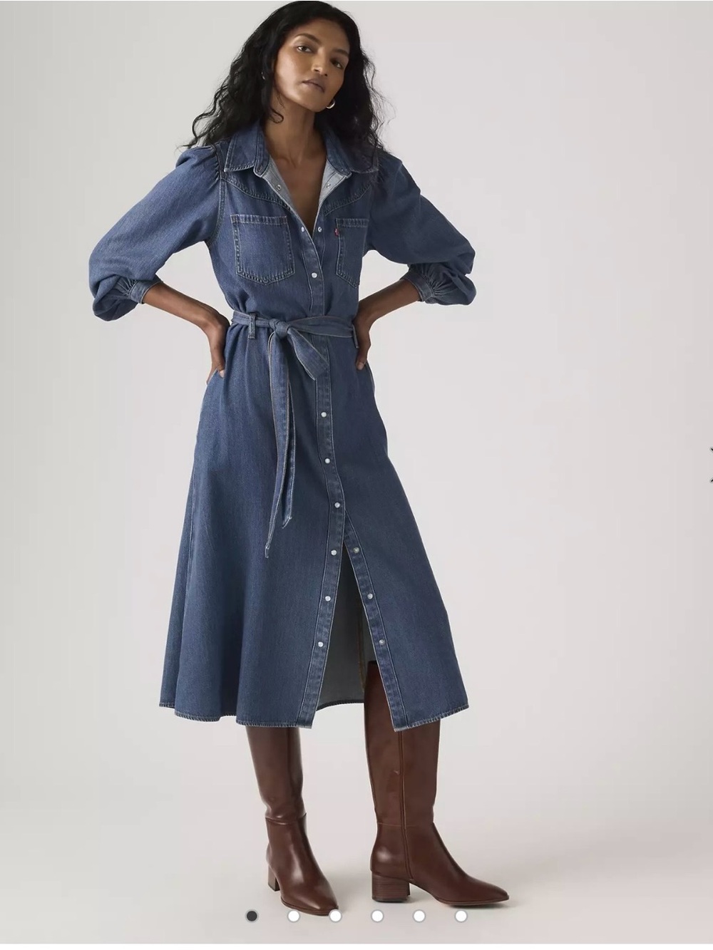 Levi’s Denim Button-Front  maxi Dress long sleeve with Tie Waist - Blue journey
